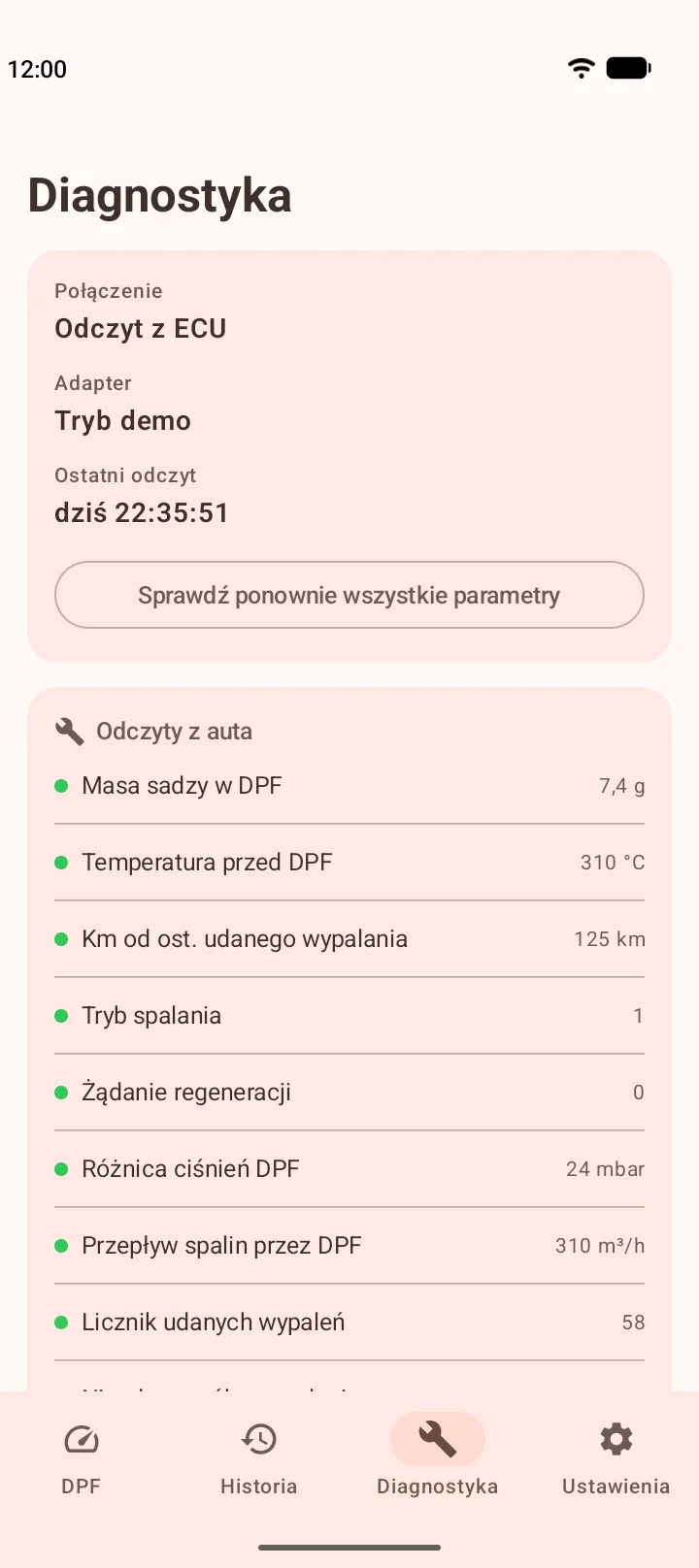 Diagnostyka: stan połączenia, adapter, czas ostatniego odczytu i lista odczytów z auta z ich wartościami