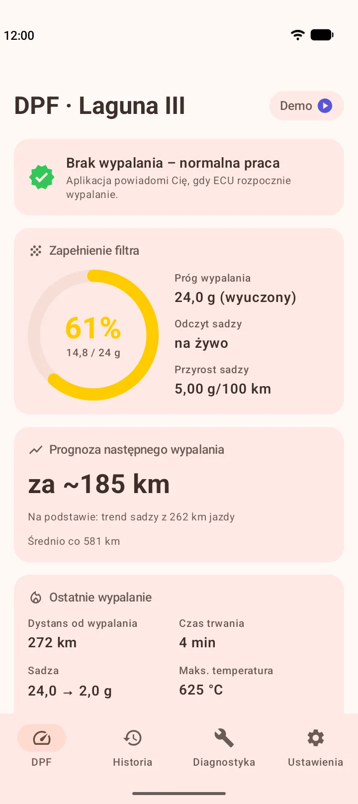 Ekran DPF: zapełnienie filtra sadzą w procentach i gramach, przyrost sadzy i prognoza następnego wypalania w km