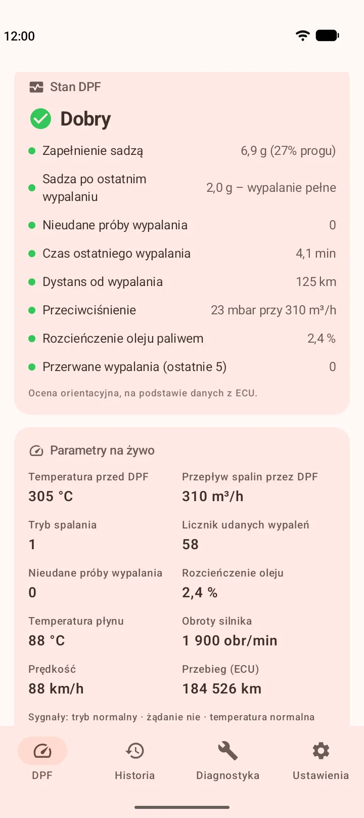 Stan DPF „Dobry”: zapełnienie, sadza po wypalaniu, nieudane i przerwane wypalania, przeciwciśnienie, rozcieńczenie oleju; pod spodem parametry na żywo