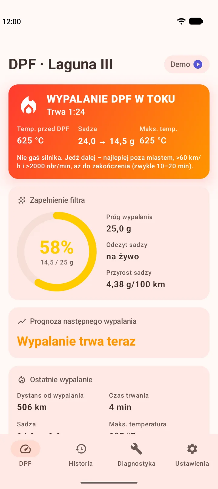 Karta „Wypalanie DPF w toku”: czas trwania, temperatura przed DPF, spadek sadzy i prośba, żeby nie gasić silnika